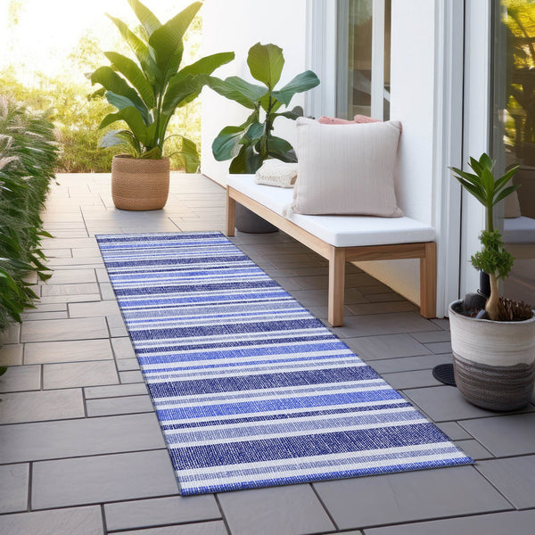 Homeroots 2' Blue Striped Washable Runner Rug - Perfect For Indoor And Outdoor Spaces, Stain-resistant Design Blue Polyester 561132