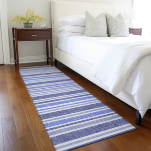 Homeroots 2' Blue Striped Washable Runner Rug - Perfect For Indoor And Outdoor Spaces, Stain-resistant Design Blue Polyester 561132