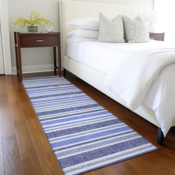 Homeroots 2' Blue Striped Washable Runner Rug - Perfect For Indoor And Outdoor Spaces, Stain-resistant Design Blue Polyester 561132
