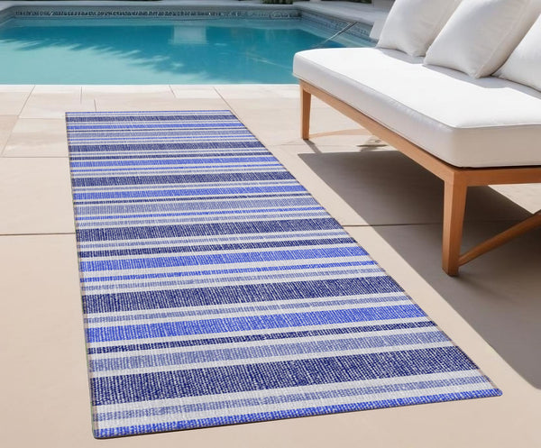 Homeroots 2' Blue Striped Washable Runner Rug - Perfect For Indoor And Outdoor Spaces, Stain-resistant Design Blue Polyester 561132