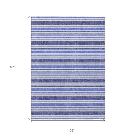 Homeroots 2' Blue Striped Washable Runner Rug - Perfect For Indoor And Outdoor Spaces, Stain-resistant Design Blue Polyester 561134