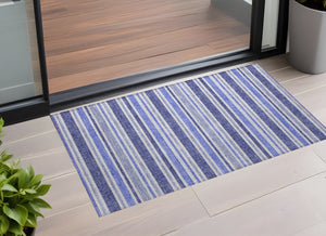 Homeroots 2' Blue Striped Washable Runner Rug - Perfect For Indoor And Outdoor Spaces, Stain-resistant Design Blue Polyester 561134