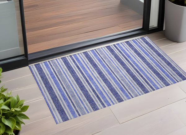 Homeroots 2' Blue Striped Washable Runner Rug - Perfect For Indoor And Outdoor Spaces, Stain-resistant Design Blue Polyester 561134