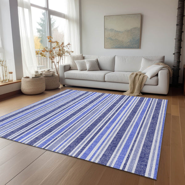Homeroots 2' Blue Striped Washable Runner Rug - Perfect For Indoor And Outdoor Spaces, Stain-resistant Design Blue Polyester 561135