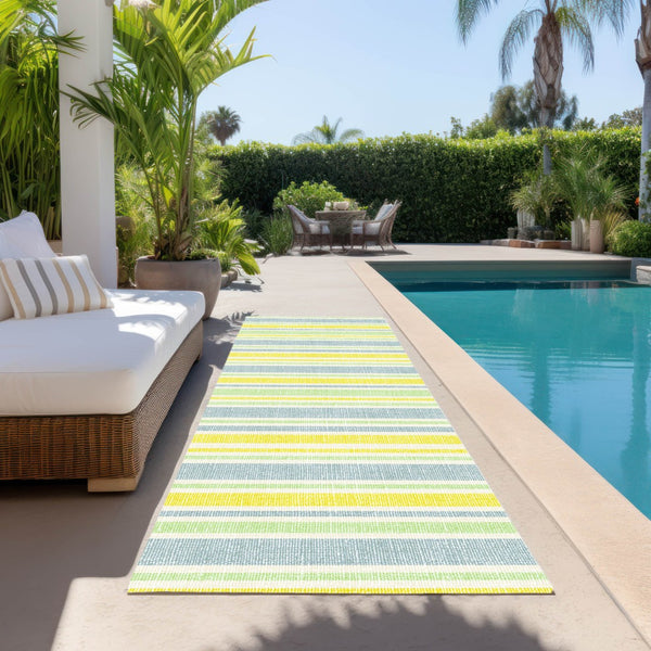 Homeroots 2' Blue Striped Washable Runner Rug - Perfect For Indoor And Outdoor Spaces, Stain-resistant Design Denim Polyester 561141