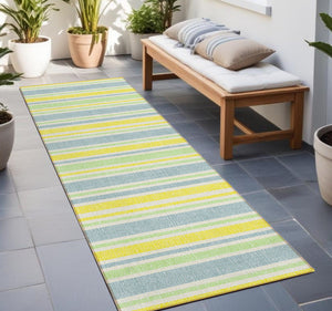 Homeroots 2' Blue Striped Washable Runner Rug - Perfect For Indoor And Outdoor Spaces, Stain-resistant Design Denim Polyester 561141