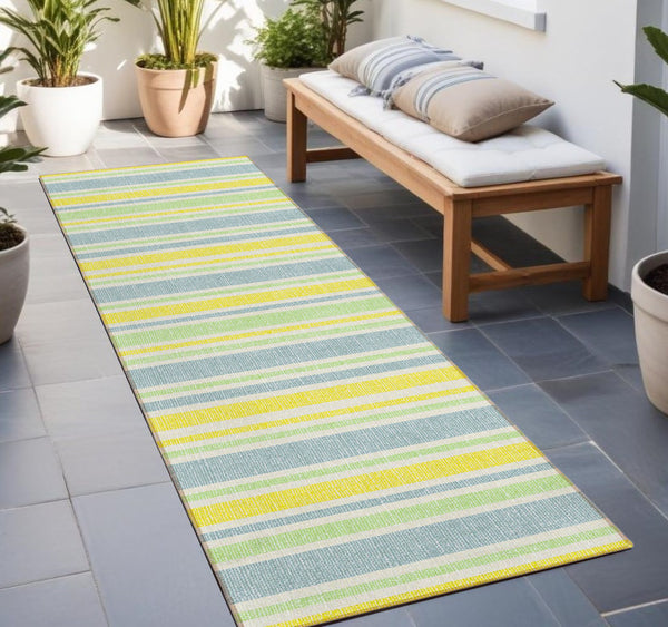 Homeroots 2' Blue Striped Washable Runner Rug - Perfect For Indoor And Outdoor Spaces, Stain-resistant Design Denim Polyester 561141