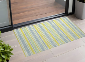 Homeroots 2' Blue Striped Washable Runner Rug - Perfect For Indoor And Outdoor Spaces, Stain-resistant Design Denim Polyester 561143