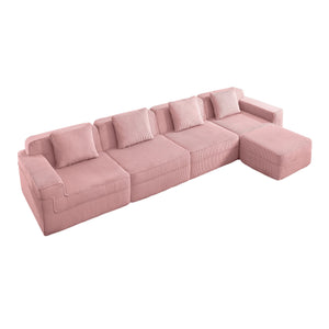 English Elm Modular 4-Seat L Shape Sectional Sofa - Plush Corduroy Couch With Movable Ottoman & Pillows, Pink W3041S00342