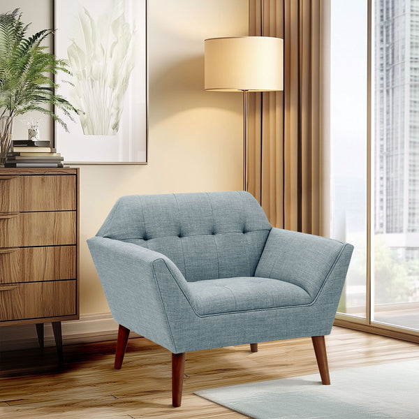 JLA Home INK+IVY - Wide Sculptural Mid-Century Lounge Chair with Hand-Tufted Detail, Durable Woven Upholstery, Solid Wood Legs Light Blue II100-0382