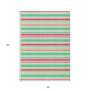 Homeroots 2' Blue Striped Washable Runner Rug - Perfect For Indoor And Outdoor Spaces, Stain-resistant Design Green Polyester 561170