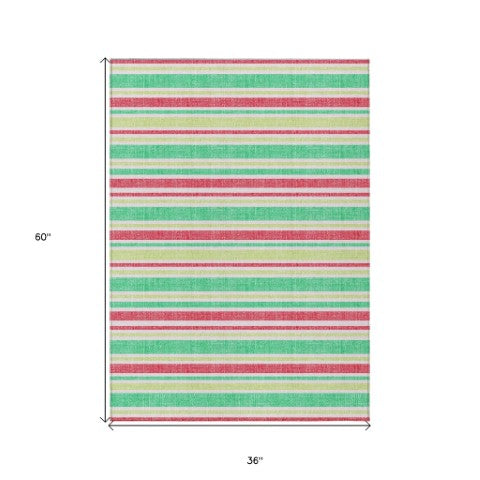 Homeroots 2' Blue Striped Washable Runner Rug - Perfect For Indoor And Outdoor Spaces, Stain-resistant Design Green Polyester 561170