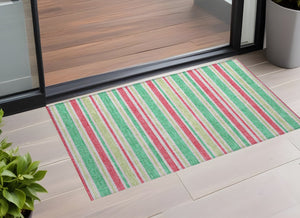 Homeroots 2' Blue Striped Washable Runner Rug - Perfect For Indoor And Outdoor Spaces, Stain-resistant Design Green Polyester 561170