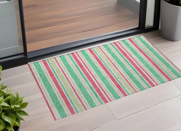 Homeroots 2' Blue Striped Washable Runner Rug - Perfect For Indoor And Outdoor Spaces, Stain-resistant Design Green Polyester 561170