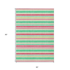 Homeroots 2' Blue Striped Washable Runner Rug - Perfect For Indoor And Outdoor Spaces, Stain-resistant Design Green Polyester 561171