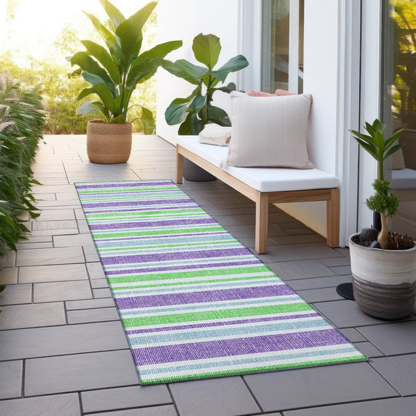 Homeroots 2' Blue Striped Washable Runner Rug - Perfect For Indoor And Outdoor Spaces, Stain-resistant Design Lime Polyester 561195