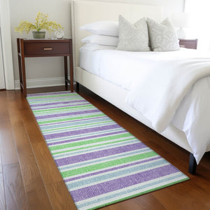 Homeroots 2' Blue Striped Washable Runner Rug - Perfect For Indoor And Outdoor Spaces, Stain-resistant Design Lime Polyester 561195