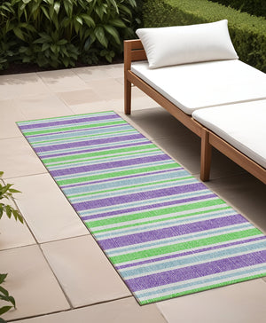 Homeroots 2' Blue Striped Washable Runner Rug - Perfect For Indoor And Outdoor Spaces, Stain-resistant Design Lime Polyester 561195