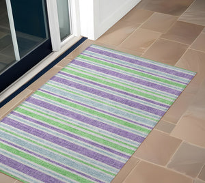 Homeroots 2' Blue Striped Washable Runner Rug - Perfect For Indoor And Outdoor Spaces, Stain-resistant Design Lime Polyester 561197