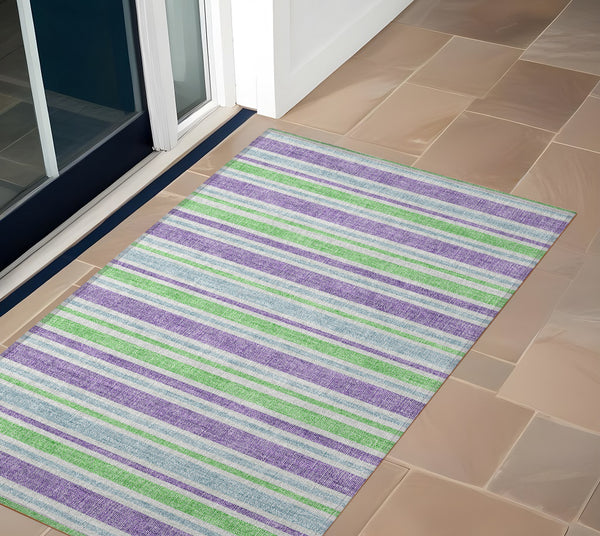 Homeroots 2' Blue Striped Washable Runner Rug - Perfect For Indoor And Outdoor Spaces, Stain-resistant Design Lime Polyester 561197