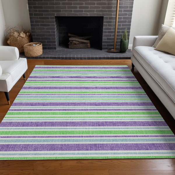 Homeroots 2' Blue Striped Washable Runner Rug - Perfect For Indoor And Outdoor Spaces, Stain-resistant Design Lime Polyester 561197