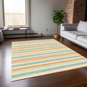 Homeroots 2' Blue Striped Washable Runner Rug - Perfect For Indoor And Outdoor Spaces, Stain-resistant Design Orange Polyester 561224