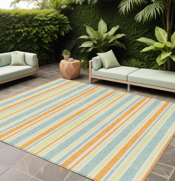 Homeroots 2' Blue Striped Washable Runner Rug - Perfect For Indoor And Outdoor Spaces, Stain-resistant Design Orange Polyester 561228