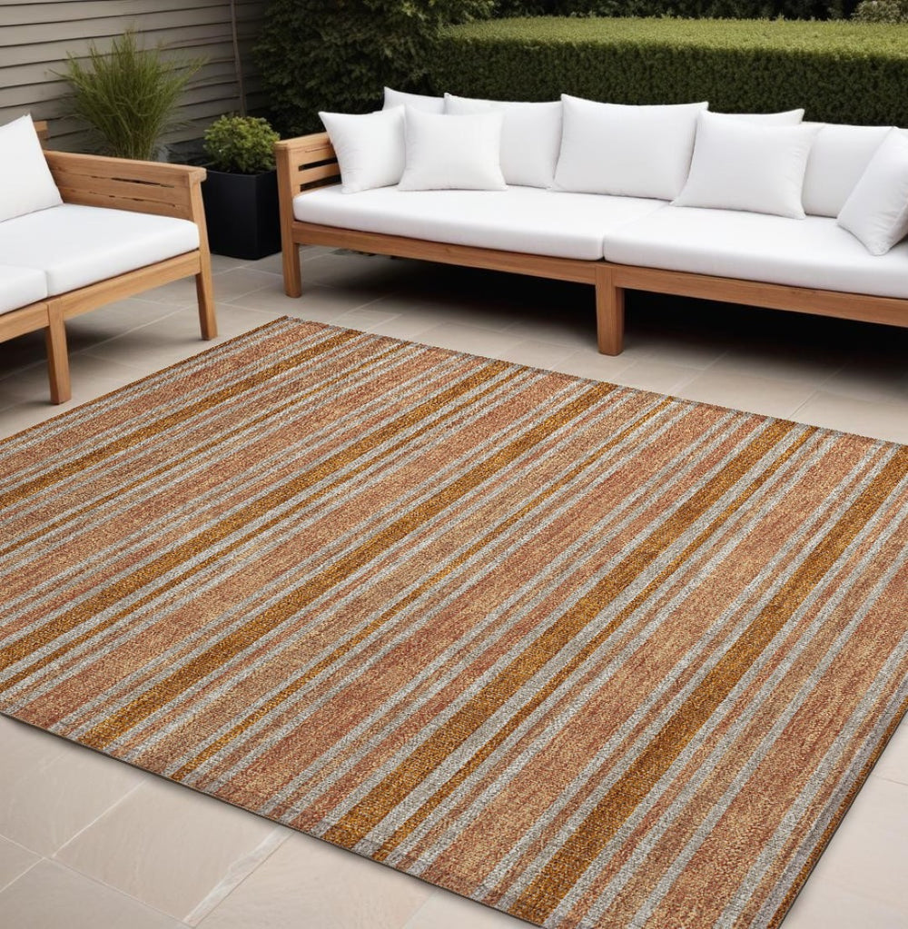 HomeRoots 5' X 8' Striped Washable Non-Skid Indoor Outdoor Area Rug for Easy Care & Timeless Style Paprika 561236
