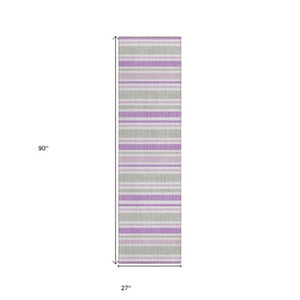 Homeroots 2' Blue Striped Washable Runner Rug - Perfect For Indoor And Outdoor Spaces, Stain-resistant Design Pearl Polyester 561240