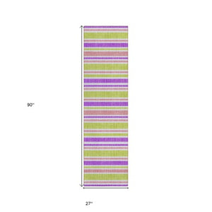 Homeroots 2' Blue Striped Washable Runner Rug - Perfect For Indoor And Outdoor Spaces, Stain-resistant Design Purple Polyester 561249