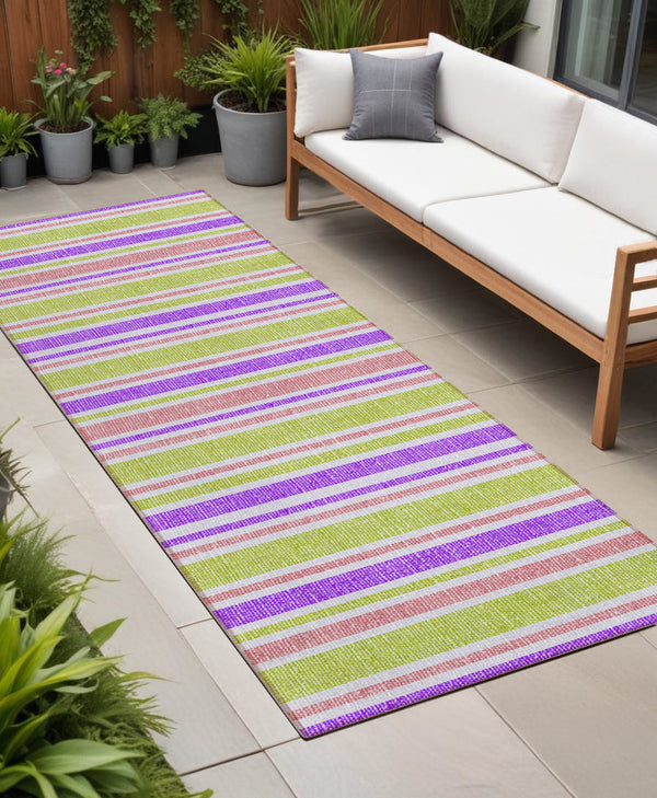 Homeroots 2' Blue Striped Washable Runner Rug - Perfect For Indoor And Outdoor Spaces, Stain-resistant Design Purple Polyester 561249