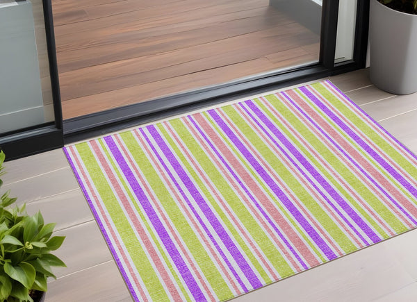 Homeroots 2' Blue Striped Washable Runner Rug - Perfect For Indoor And Outdoor Spaces, Stain-resistant Design Purple Polyester 561251