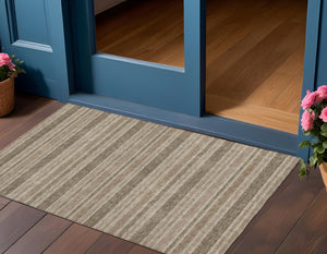 Homeroots 2' Blue Striped Washable Runner Rug - Perfect For Indoor And Outdoor Spaces, Stain-resistant Design Taupe Polyester 561269