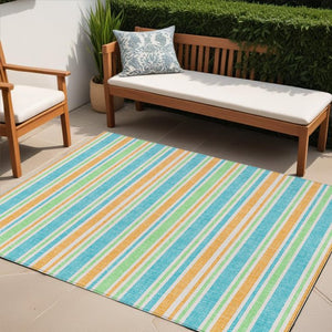 Homeroots 2' Blue Striped Washable Runner Rug - Perfect For Indoor And Outdoor Spaces, Stain-resistant Design Teal Polyester 561279