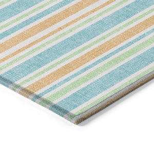 Homeroots 2' Blue Striped Washable Runner Rug - Perfect For Indoor And Outdoor Spaces, Stain-resistant Design Teal Polyester 561279