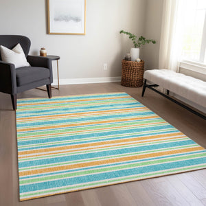 Homeroots 2' Blue Striped Washable Runner Rug - Perfect For Indoor And Outdoor Spaces, Stain-resistant Design Teal Polyester 561279