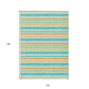 Homeroots 2' Blue Striped Washable Runner Rug - Perfect For Indoor And Outdoor Spaces, Stain-resistant Design Teal Polyester 561283