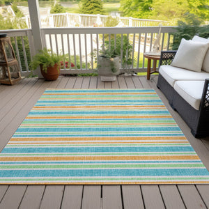 Homeroots 2' Blue Striped Washable Runner Rug - Perfect For Indoor And Outdoor Spaces, Stain-resistant Design Teal Polyester 561283