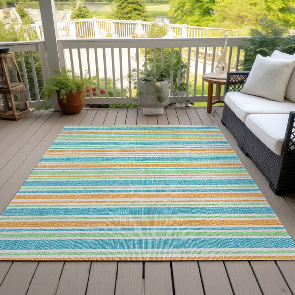 Homeroots 2' Blue Striped Washable Runner Rug - Perfect For Indoor And Outdoor Spaces, Stain-resistant Design Teal Polyester 561283