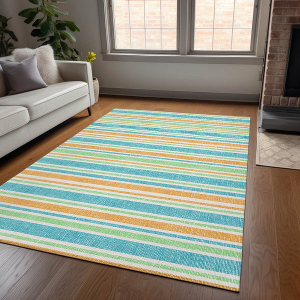 Homeroots 2' Blue Striped Washable Runner Rug - Perfect For Indoor And Outdoor Spaces, Stain-resistant Design Teal Polyester 561283
