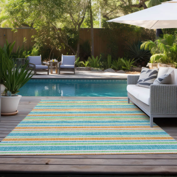 Homeroots 2' Blue Striped Washable Runner Rug - Perfect For Indoor And Outdoor Spaces, Stain-resistant Design Teal Polyester 561283