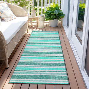 Homeroots 2' Blue Striped Washable Runner Rug - Perfect For Indoor And Outdoor Spaces, Stain-resistant Design Turquoise Polyester 561285