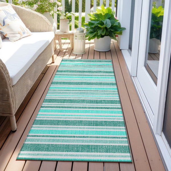 Homeroots 2' Blue Striped Washable Runner Rug - Perfect For Indoor And Outdoor Spaces, Stain-resistant Design Turquoise Polyester 561285