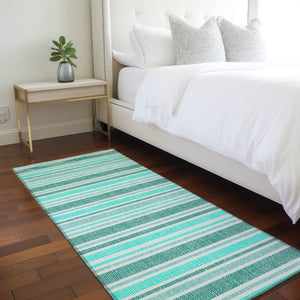 Homeroots 2' Blue Striped Washable Runner Rug - Perfect For Indoor And Outdoor Spaces, Stain-resistant Design Turquoise Polyester 561285