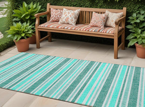 Homeroots 2' Blue Striped Washable Runner Rug - Perfect For Indoor And Outdoor Spaces, Stain-resistant Design Turquoise Polyester 561285
