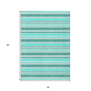 Homeroots 2' Blue Striped Washable Runner Rug - Perfect For Indoor And Outdoor Spaces, Stain-resistant Design Turquoise Polyester 561287