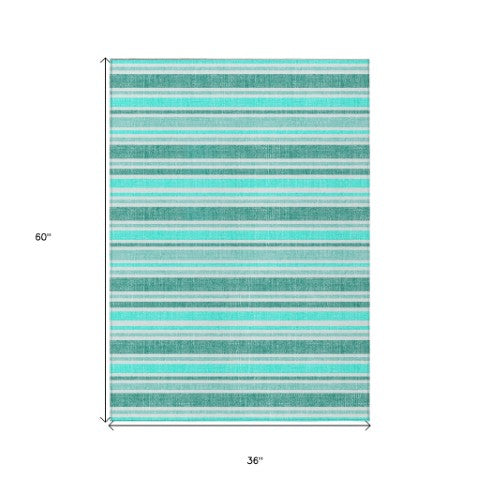Homeroots 2' Blue Striped Washable Runner Rug - Perfect For Indoor And Outdoor Spaces, Stain-resistant Design Turquoise Polyester 561287
