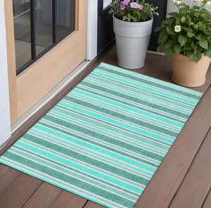 Homeroots 2' Blue Striped Washable Runner Rug - Perfect For Indoor And Outdoor Spaces, Stain-resistant Design Turquoise Polyester 561287