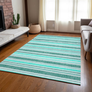 Homeroots 2' Blue Striped Washable Runner Rug - Perfect For Indoor And Outdoor Spaces, Stain-resistant Design Turquoise Polyester 561287