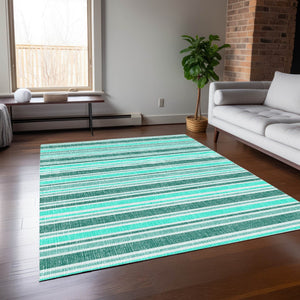 Homeroots 2' Blue Striped Washable Runner Rug - Perfect For Indoor And Outdoor Spaces, Stain-resistant Design Turquoise Polyester 561291